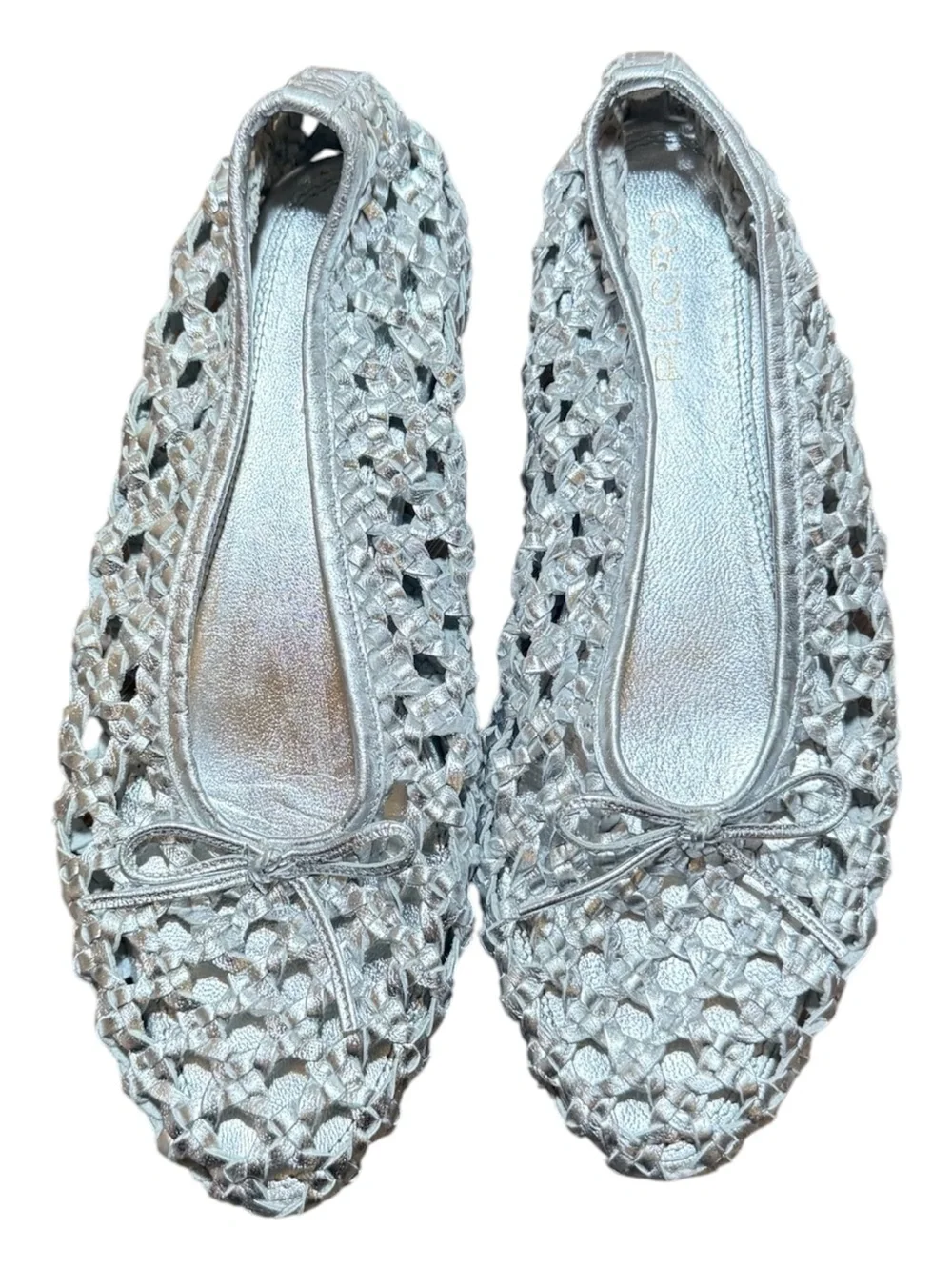 Anthropologie Pilcro Woven Ballet Flat Silver Metallic Leather Bow